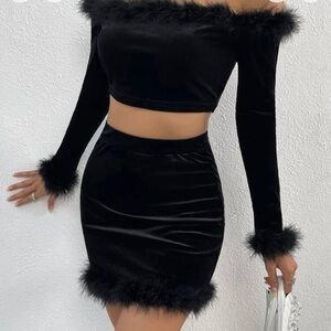 Super cute faux fur black velvet set of top and skirt, size small